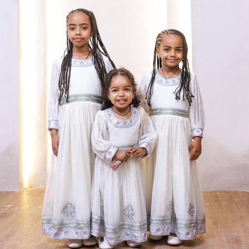 Family Habesha clothing, New white Tilet,  Eritrean and Ethiopian Traditional Wedding Attire, Custom Made Habesha Fashion