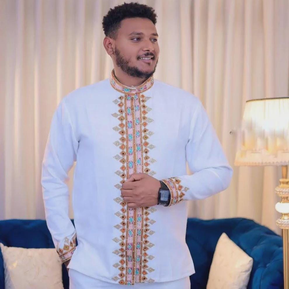 Embroidered Habesha Men's T-Shirt: Ethiopian Men's Traditional Top, Tilet Design, Handmade Cotton