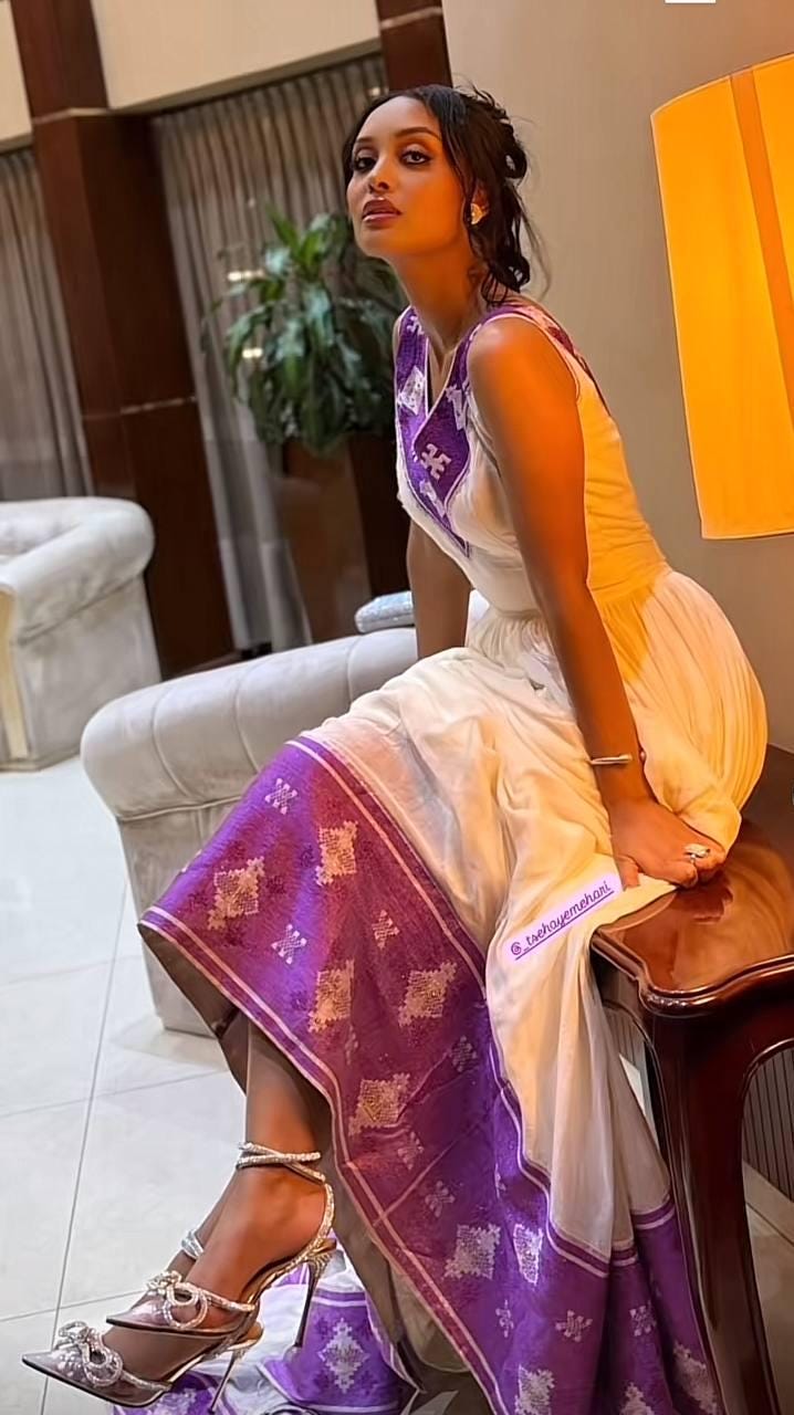 Habesha Kemis Traditional Dress, Ethiopian White & Purple Embroidered Maxi Dress, Eritrean Cultural Wedding Formal Gown