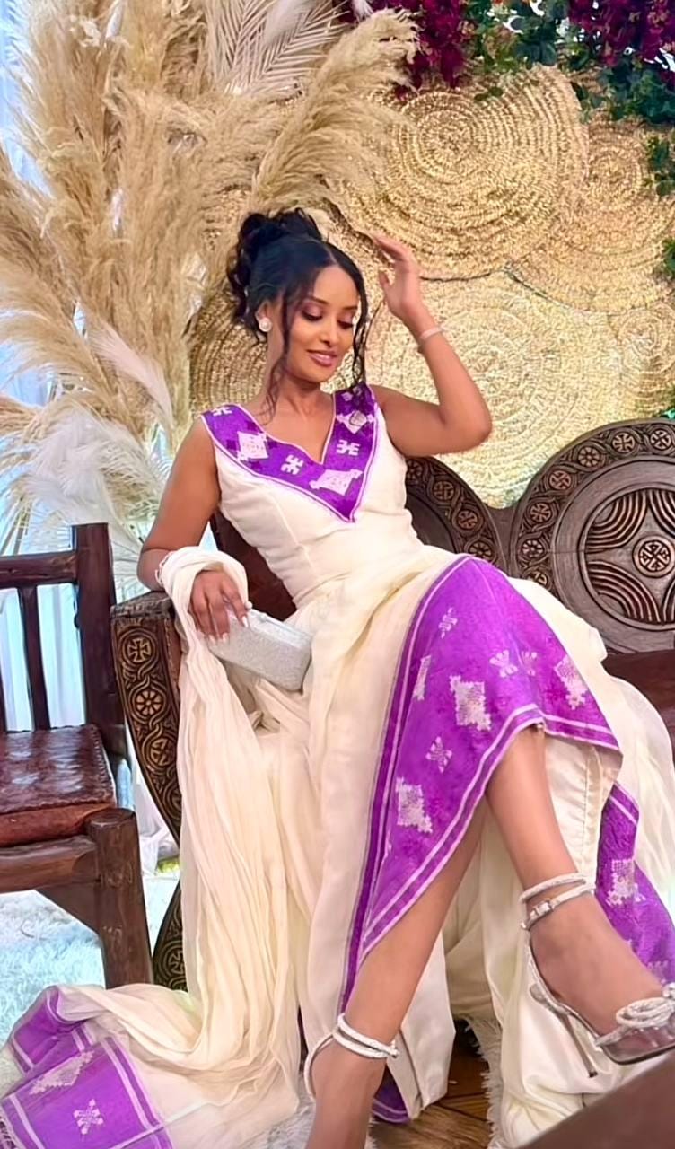 Habesha Kemis Traditional Dress, Ethiopian White & Purple Embroidered Maxi Dress, Eritrean Cultural Wedding Formal Gown