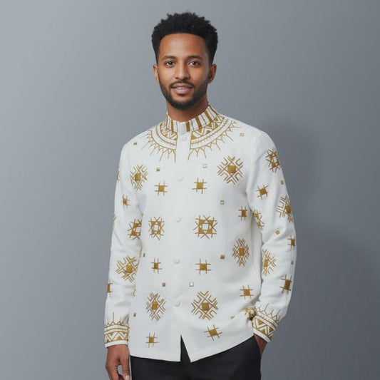 Tilet Embroidered Cultural Habesha Men’s Top, Modern Ethiopian Men Traditional Outfit