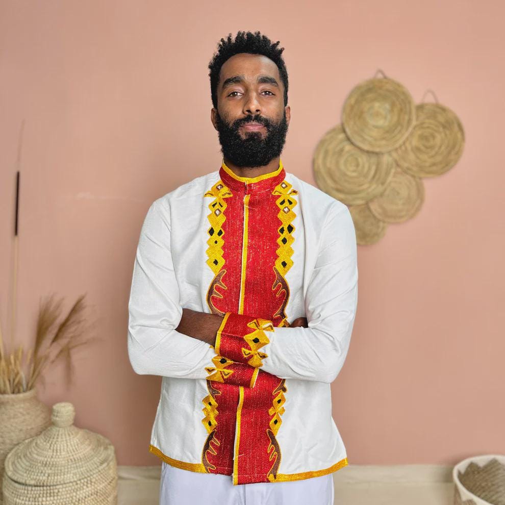 Ethiopian Men’s Shirt: Handwoven Traditional Tilf Design, Elegant Embroidered Attire, Modern Habesha Clothing, Stylish Cultural Fashion Gift