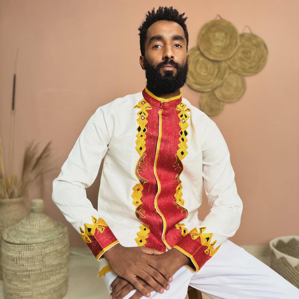 Ethiopian Men’s Shirt: Handwoven Traditional Tilf Design, Elegant Embroidered Attire, Modern Habesha Clothing, Stylish Cultural Fashion Gift