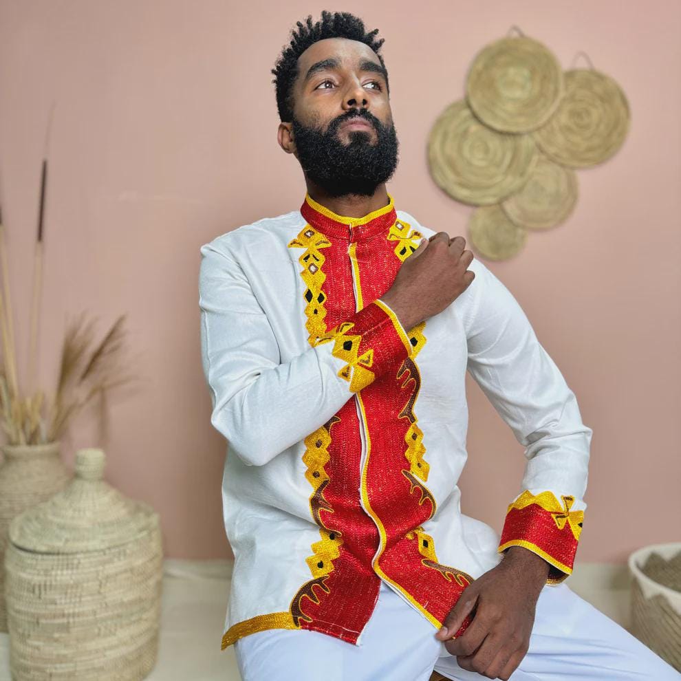 Ethiopian Men’s Shirt: Handwoven Traditional Tilf Design, Elegant Embroidered Attire, Modern Habesha Clothing, Stylish Cultural Fashion Gift