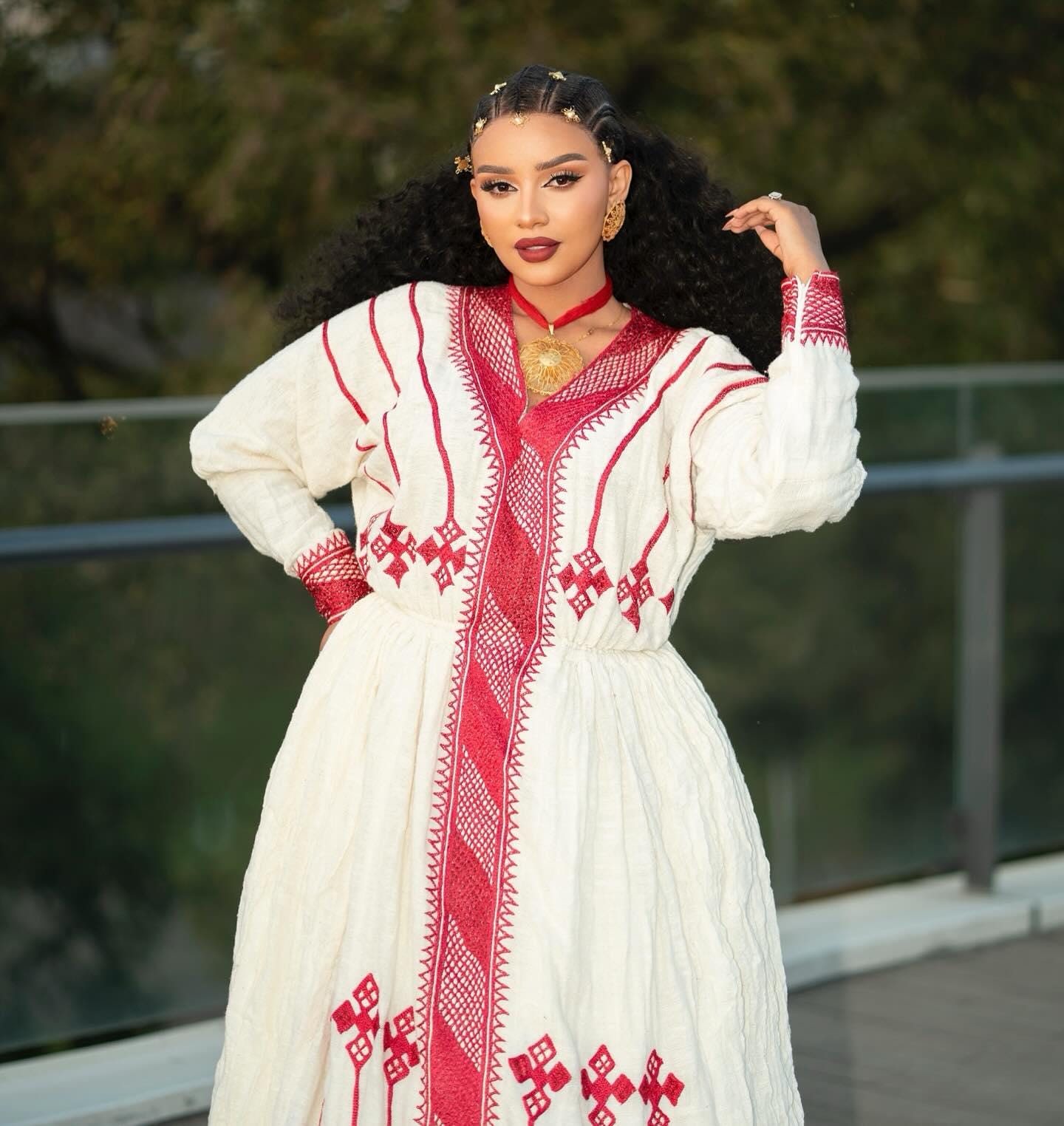 Custom Made Zuria Habesha Kemis, New red fetl Ethiopian Traditional Fashion, Cultural Dress for Women