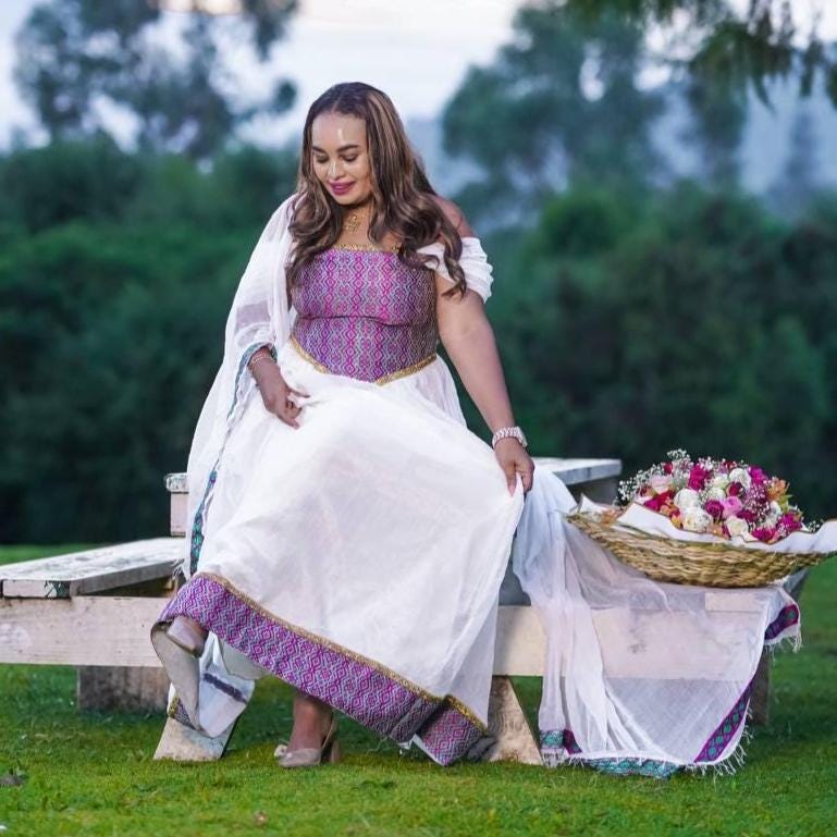 Custom Made Zuria Habesha Kemis, New Lavender Menen Eritrean & Ethiopian Traditional Fashion, Cultural Dress for Women