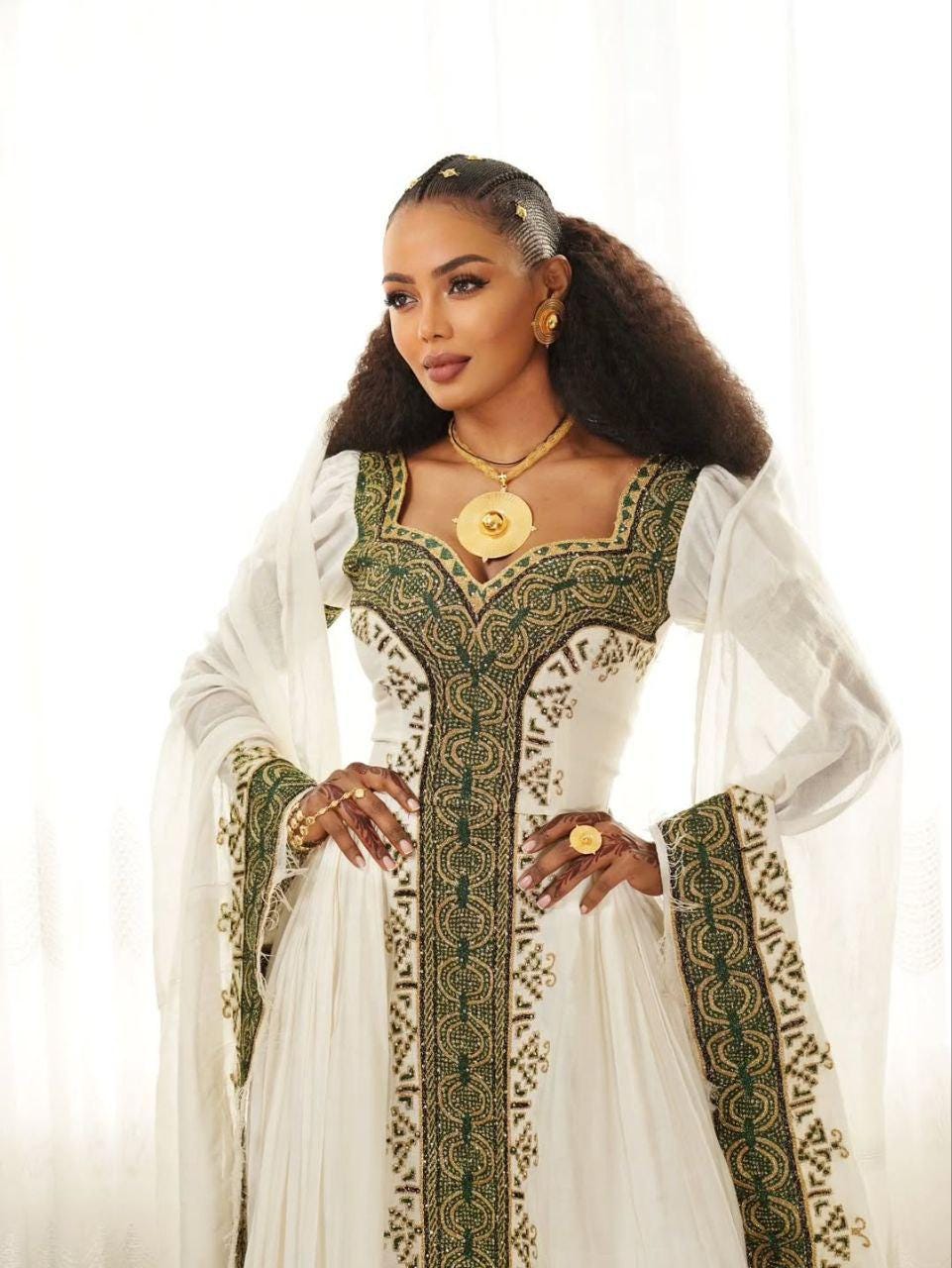 New Custom Made Cultural Habesha Kemis for Women, Olive Green Tilet Zuria, Eritrean & Ethiopian Traditional Dress