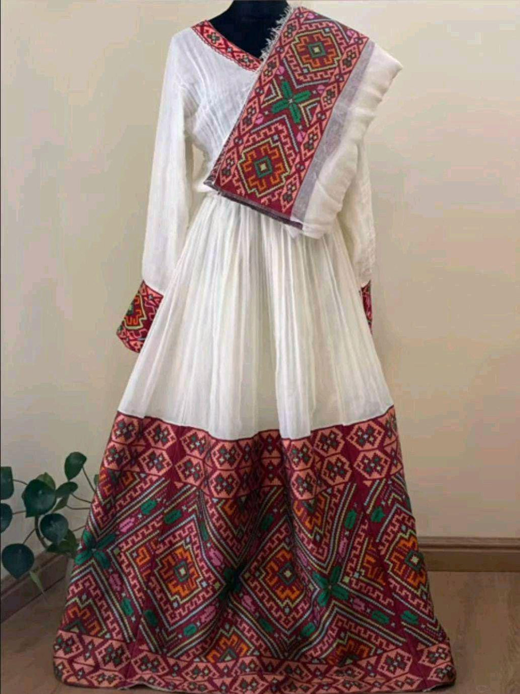 Custom Made Zuria Habesha Kemis, New Burgundy Menen Eritrean & Ethiopian Traditional Fashion, Cultural Dress for Women