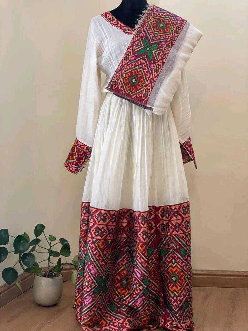 Custom Made Zuria Habesha Kemis, New Burgundy Menen Eritrean & Ethiopian Traditional Fashion, Cultural Dress for Women