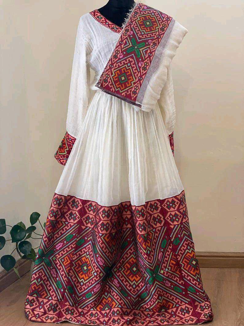 Custom Made Zuria Habesha Kemis, New Burgundy Menen Eritrean & Ethiopian Traditional Fashion, Cultural Dress for Women