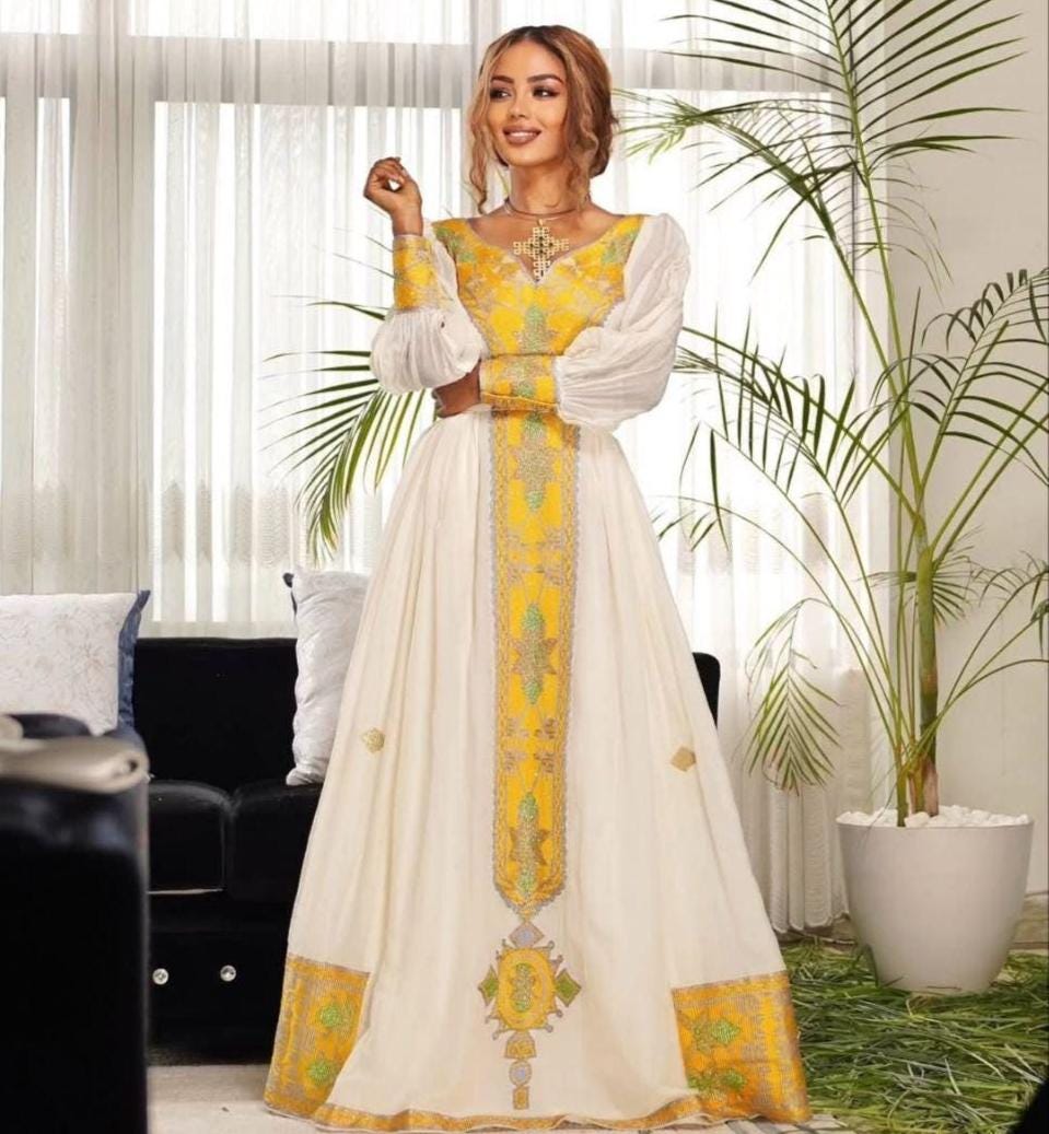 Custom Made Zuria Habesha Kemis, Yellow Tilet Eritrean & Ethiopian Traditional Fashion, Cultural Dress for Women