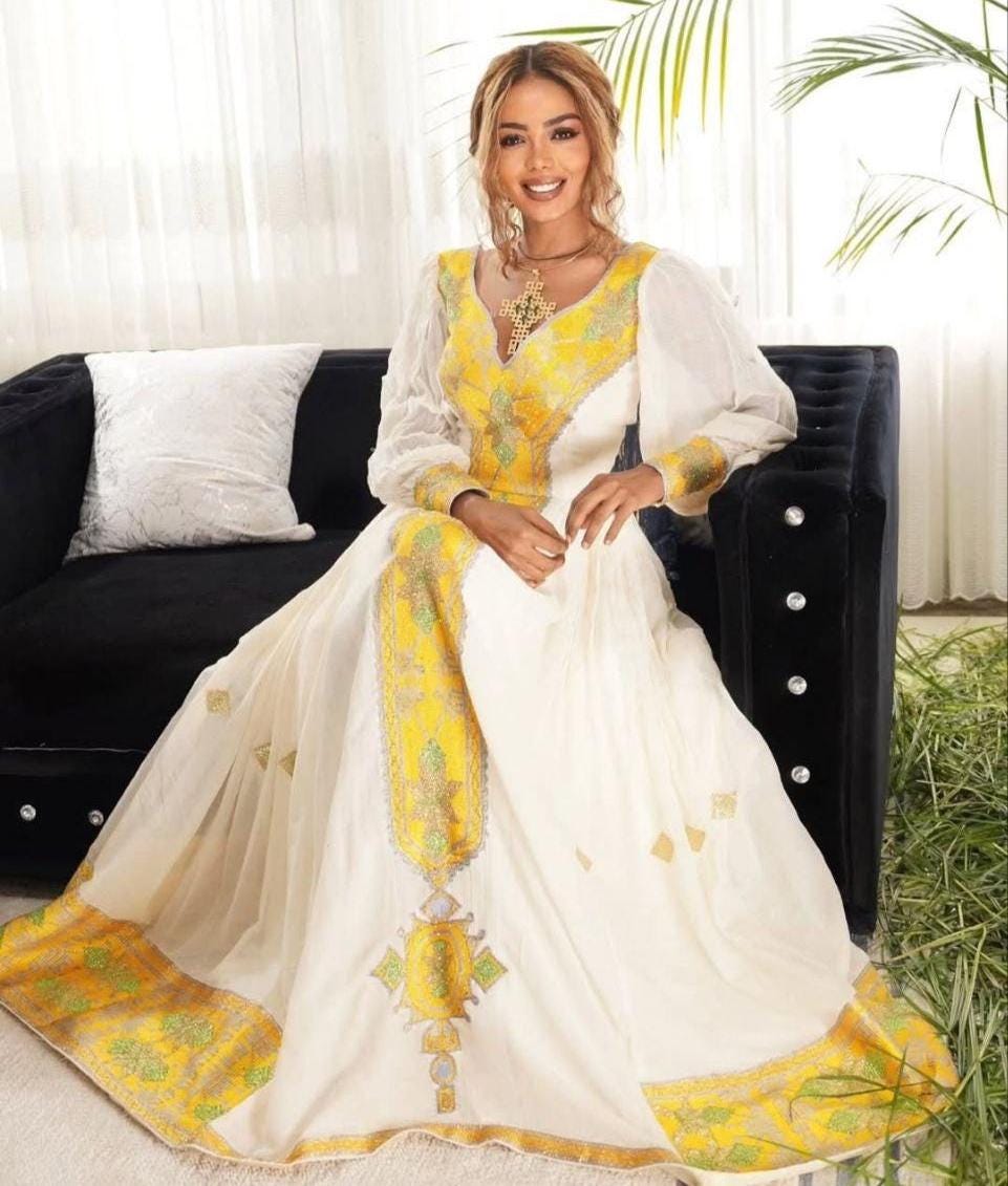 Custom Made Zuria Habesha Kemis, Yellow Tilet Eritrean & Ethiopian Traditional Fashion, Cultural Dress for Women