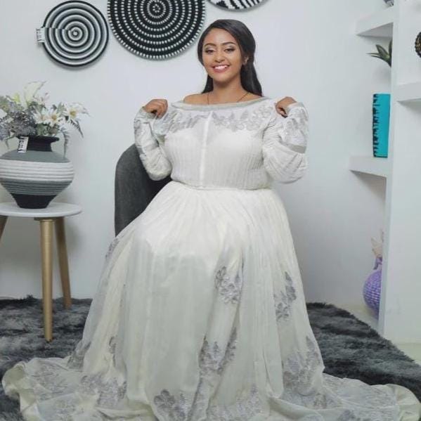 Cultural Habesha Kemis for Women, White Tilet Eritrean & Ethiopian Traditional Church Dress