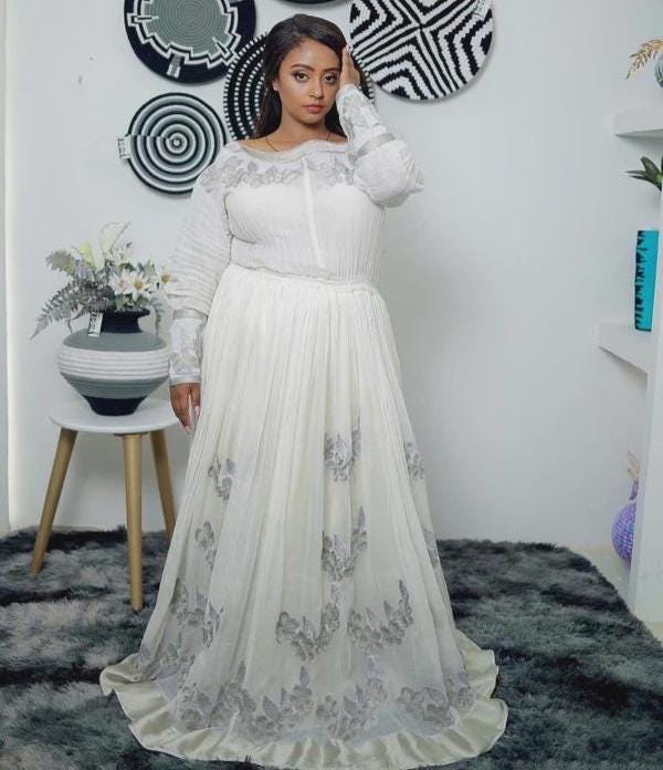 Cultural Habesha Kemis for Women, White Tilet Eritrean & Ethiopian Traditional Church Dress