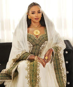 New Custom Made Cultural Habesha Kemis for Women, Olive Green Tilet Zuria, Eritrean & Ethiopian Traditional Dress