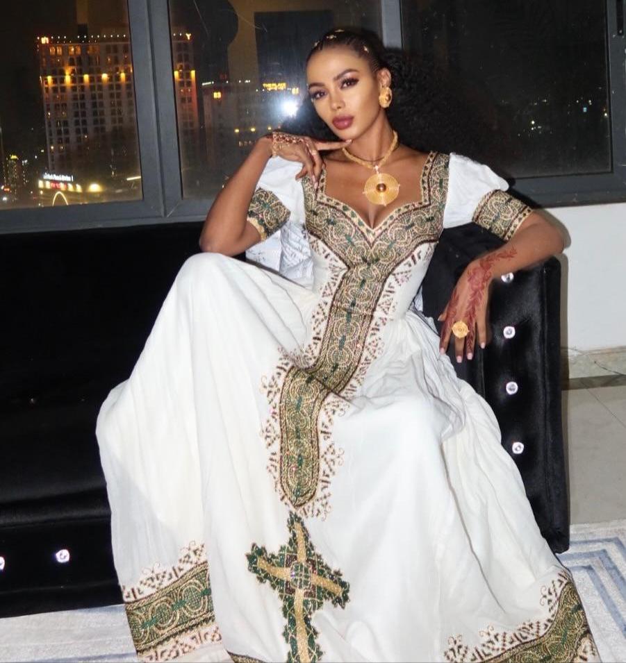 New Custom Made Cultural Habesha Kemis for Women, Olive Green Tilet Zuria, Eritrean & Ethiopian Traditional Dress