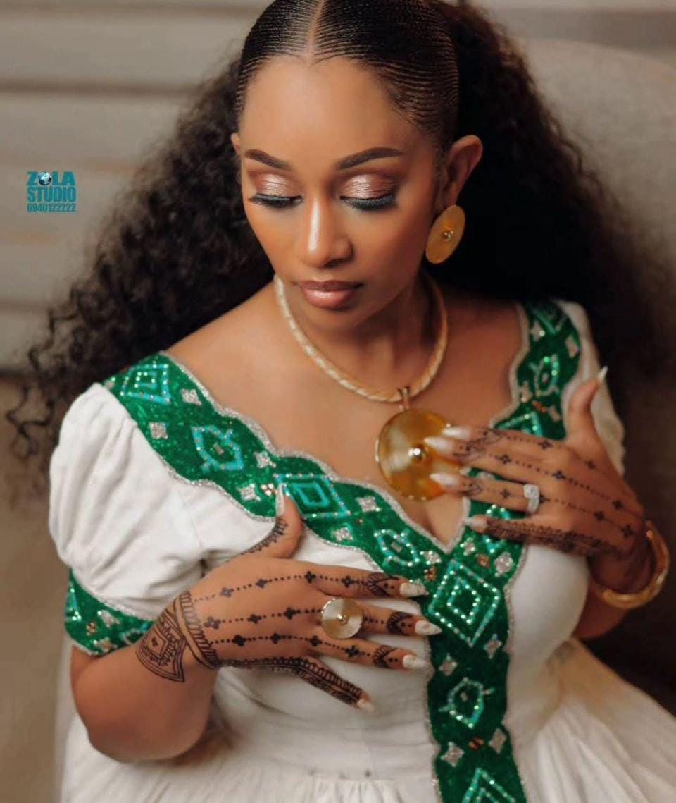 Custom Made Zuria Cultural Habesha Kemis for Women, Green Tibeb Eritrean & Ethiopian Traditional Dress