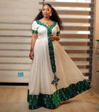 Custom Made Zuria Cultural Habesha Kemis for Women, Green Tibeb Eritrean & Ethiopian Traditional Dress