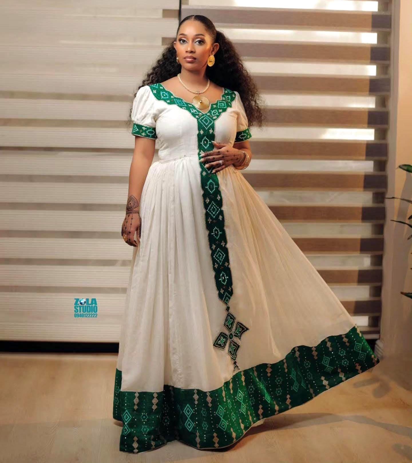 Custom Made Zuria Cultural Habesha Kemis for Women, Green Tibeb Eritrean & Ethiopian Traditional Dress