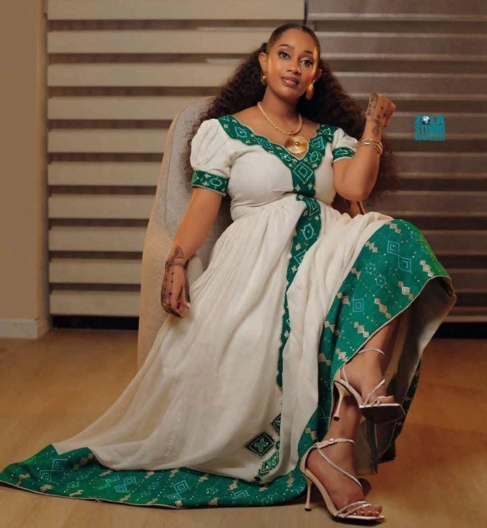 Custom Made Zuria Cultural Habesha Kemis for Women, Green Tibeb Eritrean & Ethiopian Traditional Dress
