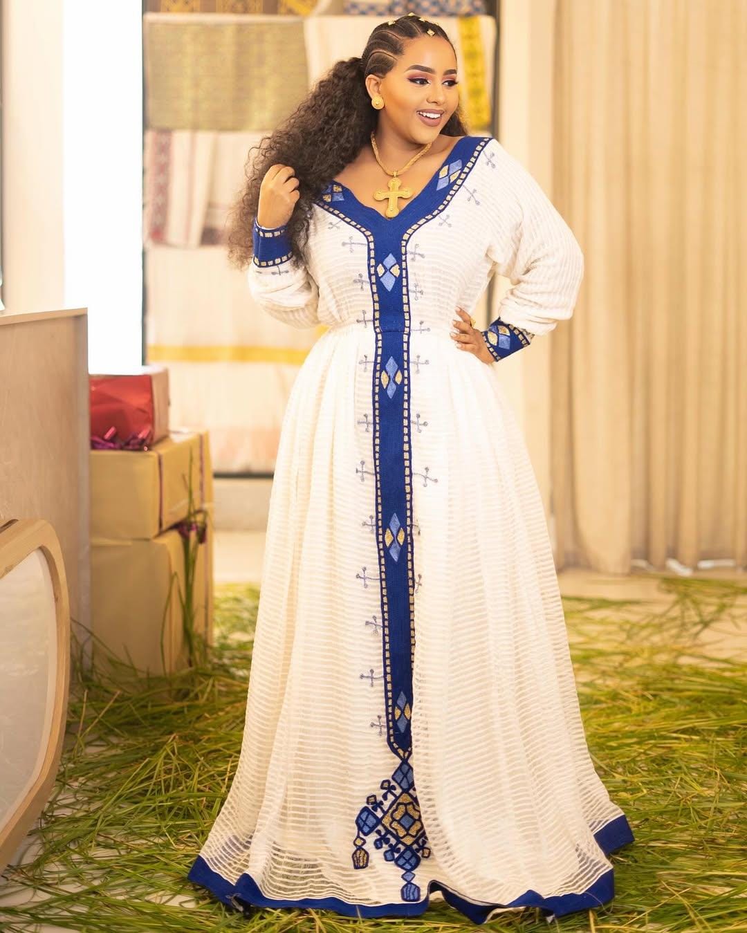 Custom Made Zuria Cultural Habesha Kemis for Women, blue Menen Eritrean & Ethiopian Traditional Dress