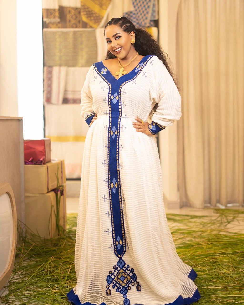 Custom Made Zuria Cultural Habesha Kemis for Women, blue Menen Eritrean & Ethiopian Traditional Dress