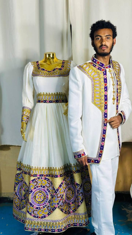 Couple Habesha clothing,New purple & gold Tilet Eritrean and Ethiopian Traditional Wedding Attire, Custom Made Habesha Fashion