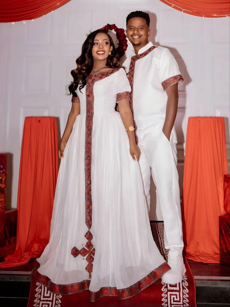 Couple Habesha clothing, New Red & Golden Tilet, Eritrean and Ethiopian Traditional Wedding Attire, Custom Made Habesha Fashion