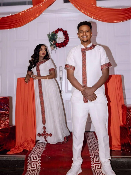 Couple Habesha clothing, New Red & Golden Tilet, Eritrean and Ethiopian Traditional Wedding Attire, Custom Made Habesha Fashion