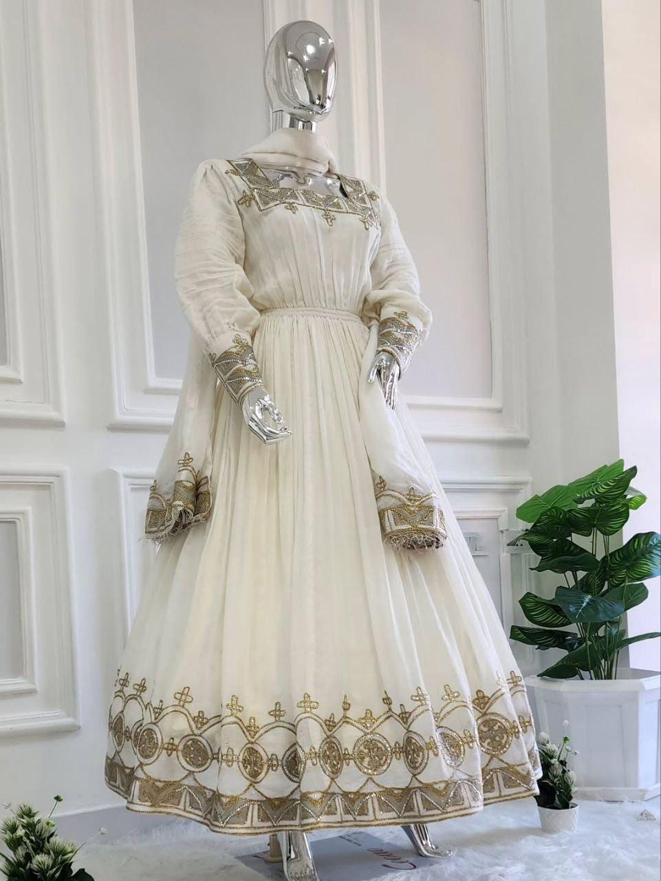 Metalic Embroidered Traditional Ethiopian Women's Dress, Long Sleeve Cultural Habesha Kemis, Habesha Wedding Fashion