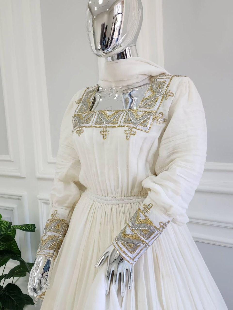 Metalic Embroidered Traditional Ethiopian Women's Dress, Long Sleeve Cultural Habesha Kemis, Habesha Wedding Fashion