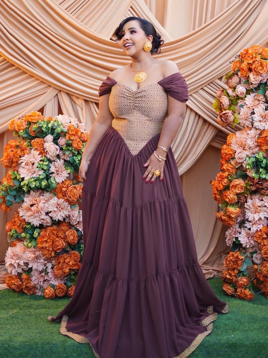 Habesha clothing, New Modern brown  & gold Tilet Eritrean and Ethiopian Traditional Attire, Custom Made Cultural Fashion