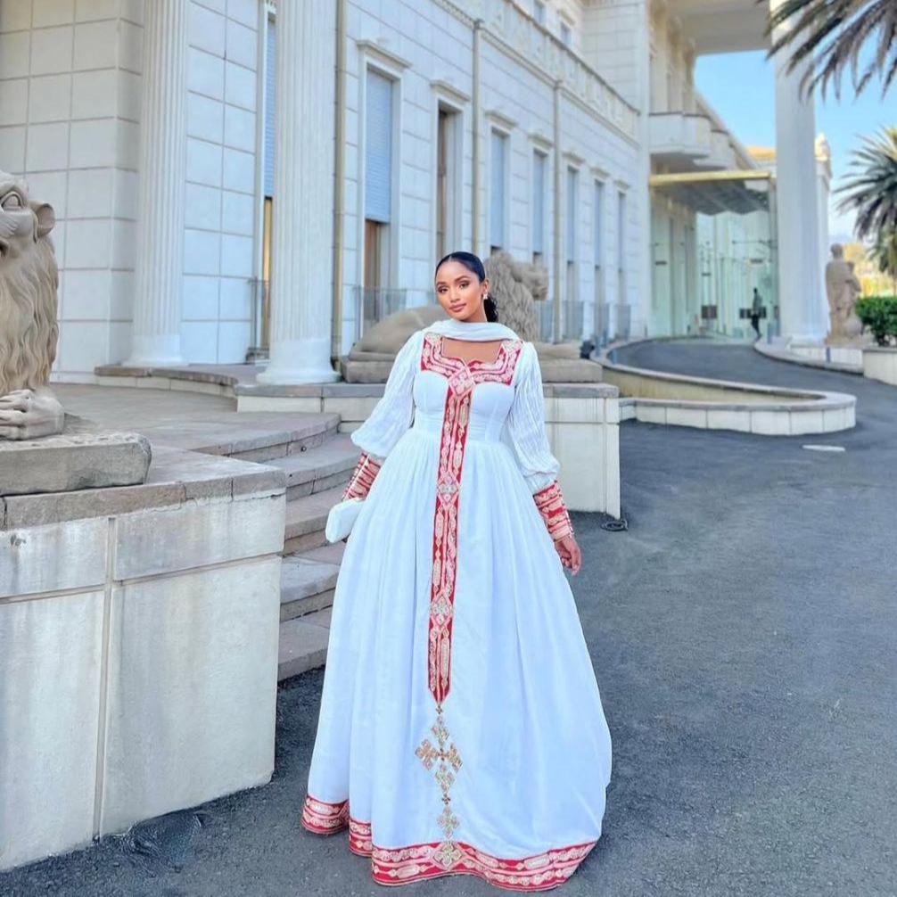Habesha Dress, New red & gold Tilet Eritrean and Ethiopian Traditional Attire, Custom Made Habesha Fashion