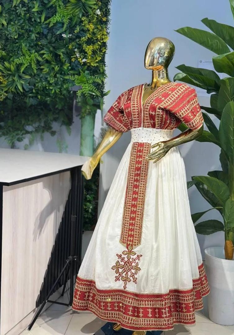 Red Tilet Habesha Kemis, Ethiopian Traditional Dress, Handcrafted Eritrean Cultural Dress for Women