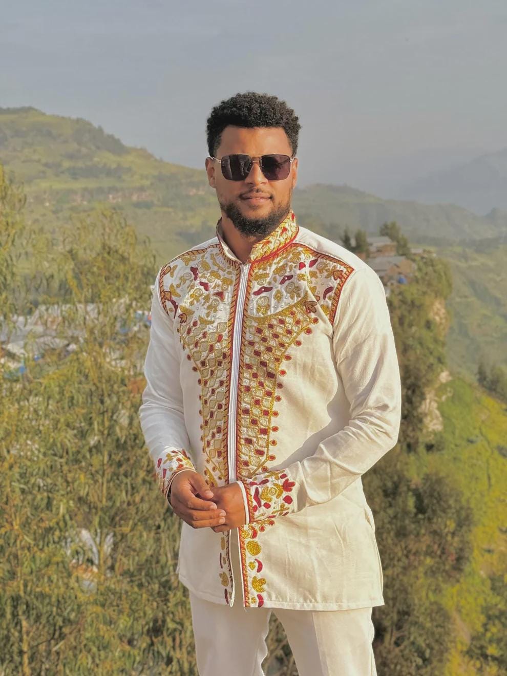 Embroidered Habesha Men's T-Shirt: Ethiopian Men's Traditional Top, Tilet Design, Handmade Cotton