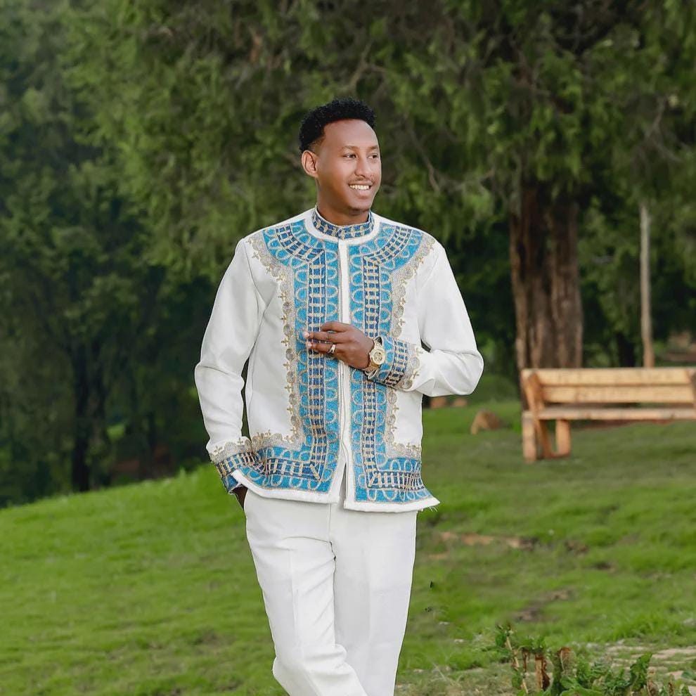 Embroidered Habesha Men's T-Shirt: Ethiopian Men's Traditional Top, Tilet Design, Handmade Cotton