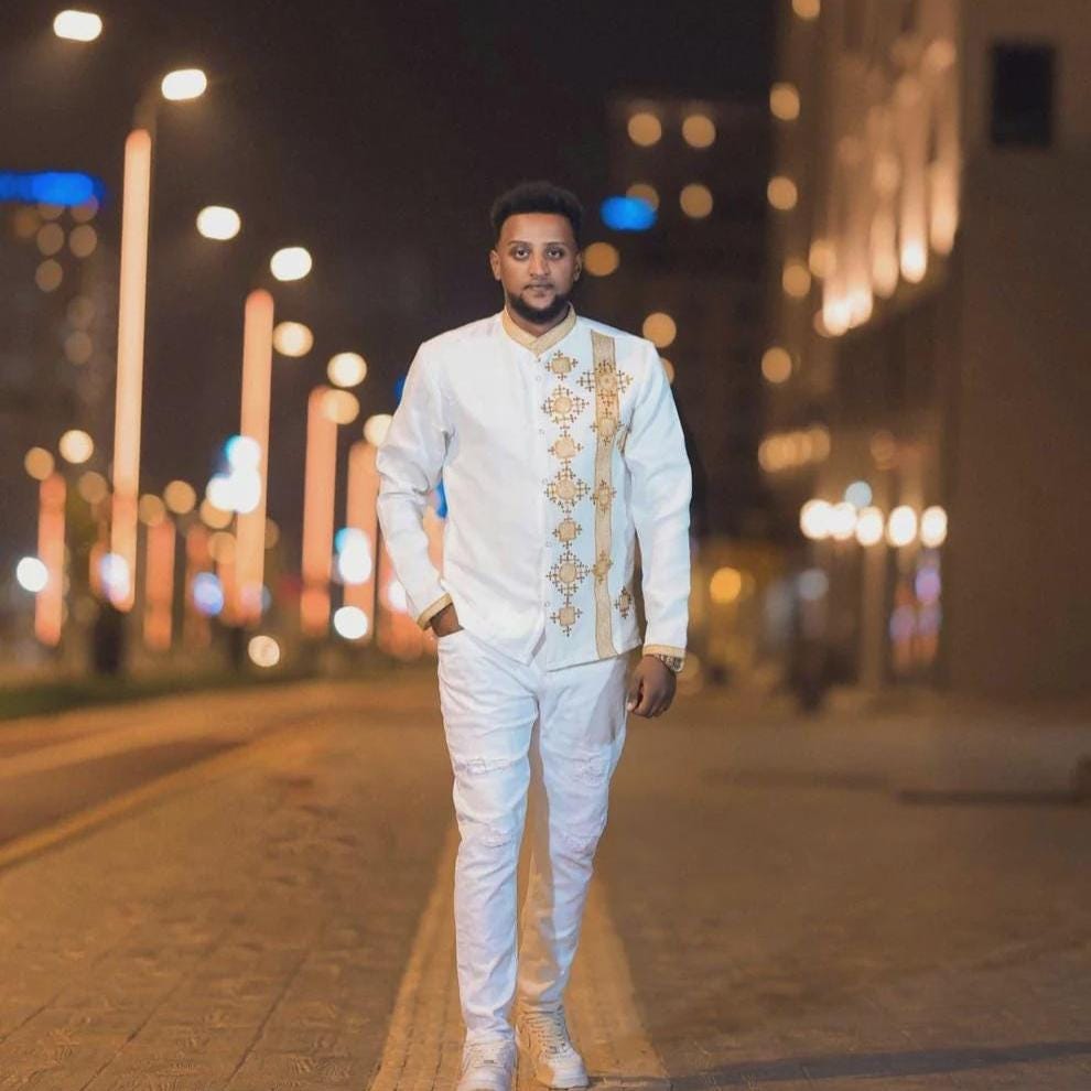 Embroidered Habesha Men's T-Shirt: Ethiopian Men's Traditional Top, Tilet Design, Handmade Cotton