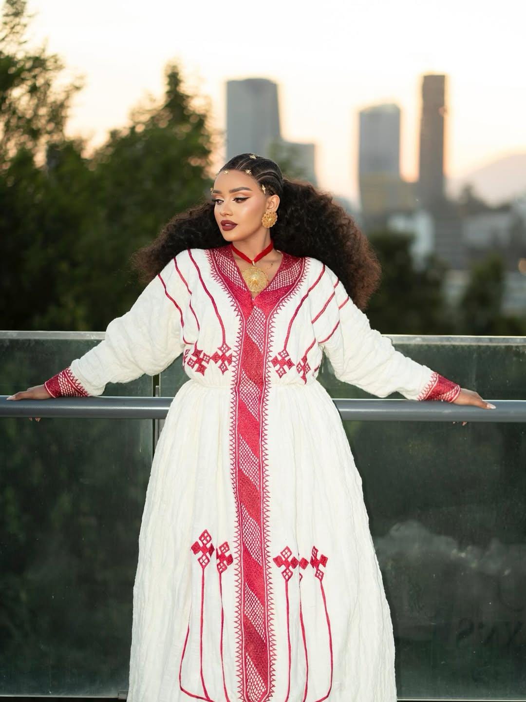 Custom Made Zuria Habesha Kemis, New red fetl Ethiopian Traditional Fashion, Cultural Dress for Women