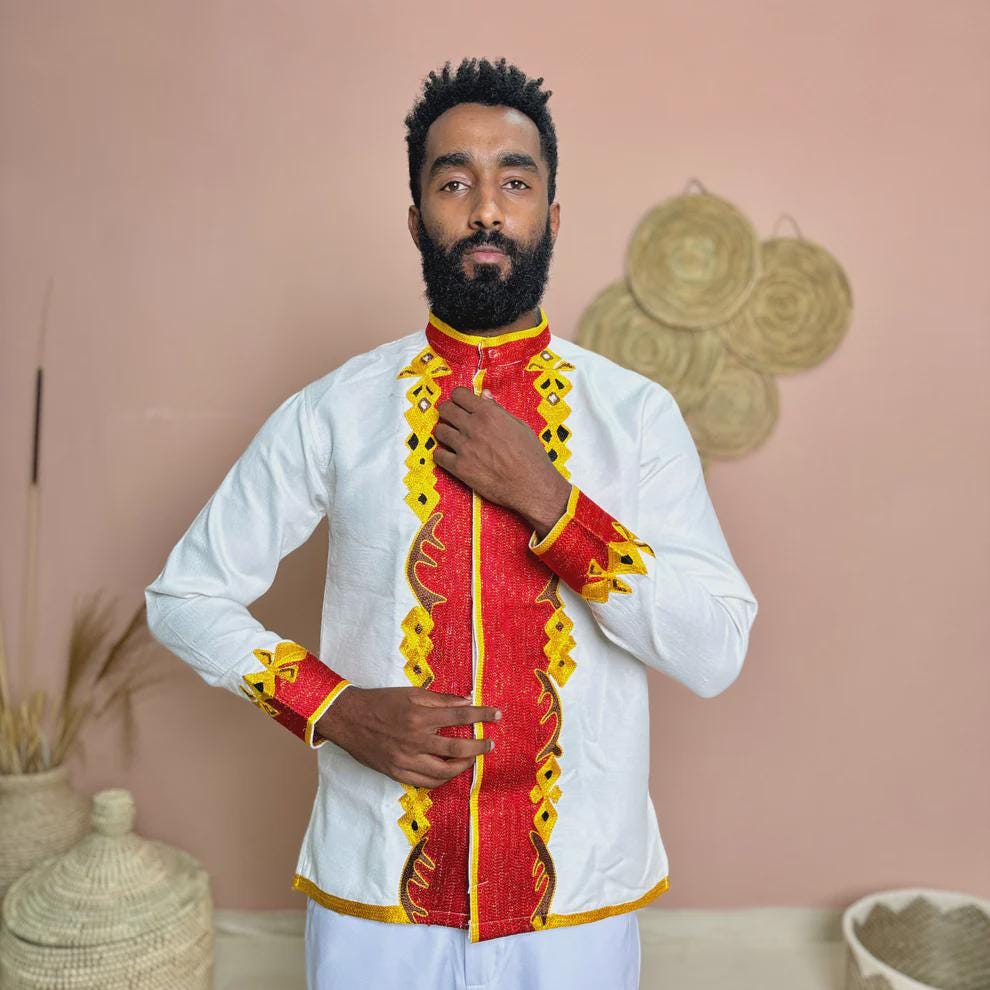 Ethiopian Men’s Shirt: Handwoven Traditional Tilf Design, Elegant Embroidered Attire, Modern Habesha Clothing, Stylish Cultural Fashion Gift