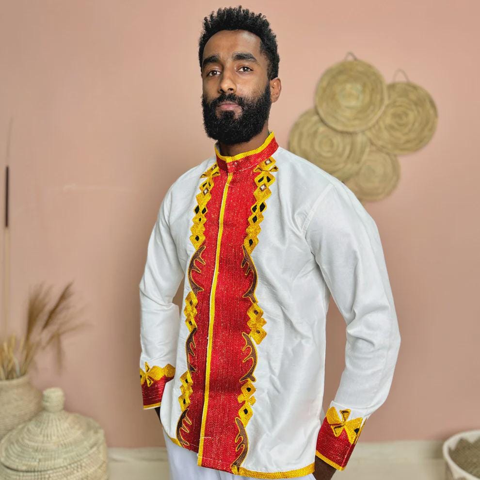 Ethiopian Men’s Shirt: Handwoven Traditional Tilf Design, Elegant Embroidered Attire, Modern Habesha Clothing, Stylish Cultural Fashion Gift
