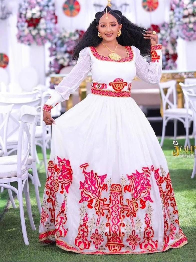 Custom Made Zuria Cultural Habesha Kemis For Women, New Red Menen Eritrean & Ethiopian Traditional Dress Wear