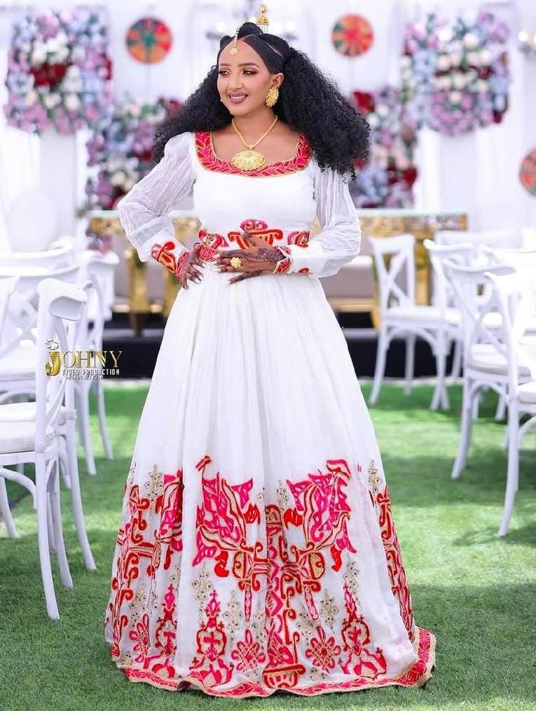 Custom Made Zuria Cultural Habesha Kemis For Women, New Red Menen Eritrean & Ethiopian Traditional Dress Wear