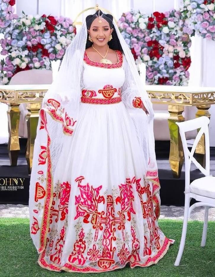 Custom Made Zuria Cultural Habesha Kemis For Women, New Red Menen Eritrean & Ethiopian Traditional Dress Wear