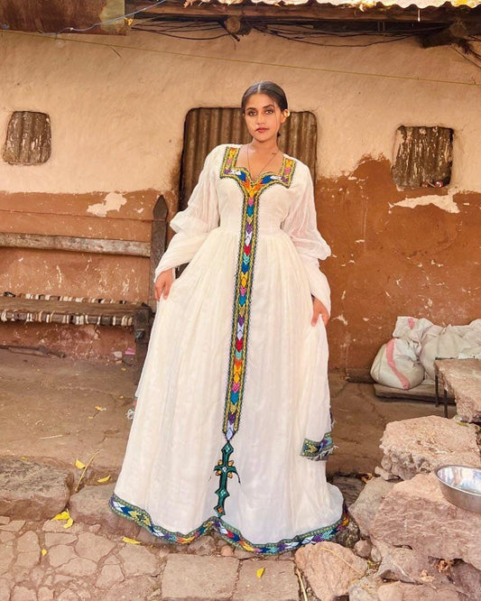 Cultural Habesha Kemis for Women, blue  Tilet Eritrean & Ethiopian Traditional Church Dress