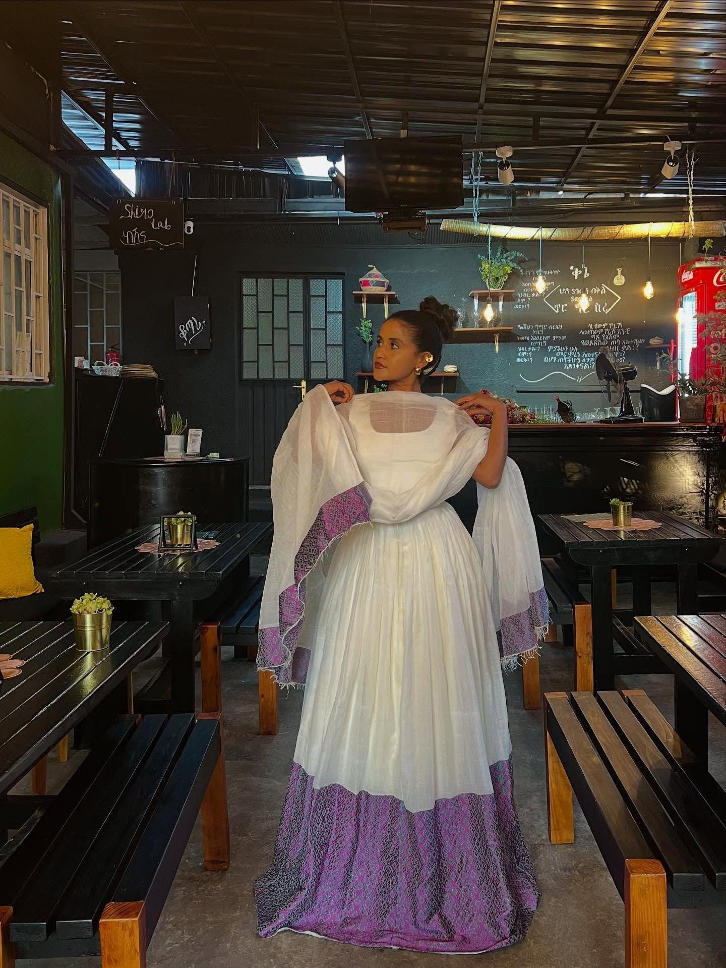 Cultural Habesha Kemis for Women, purpel   Tilet Eritrean & Ethiopian Traditional Church Dress