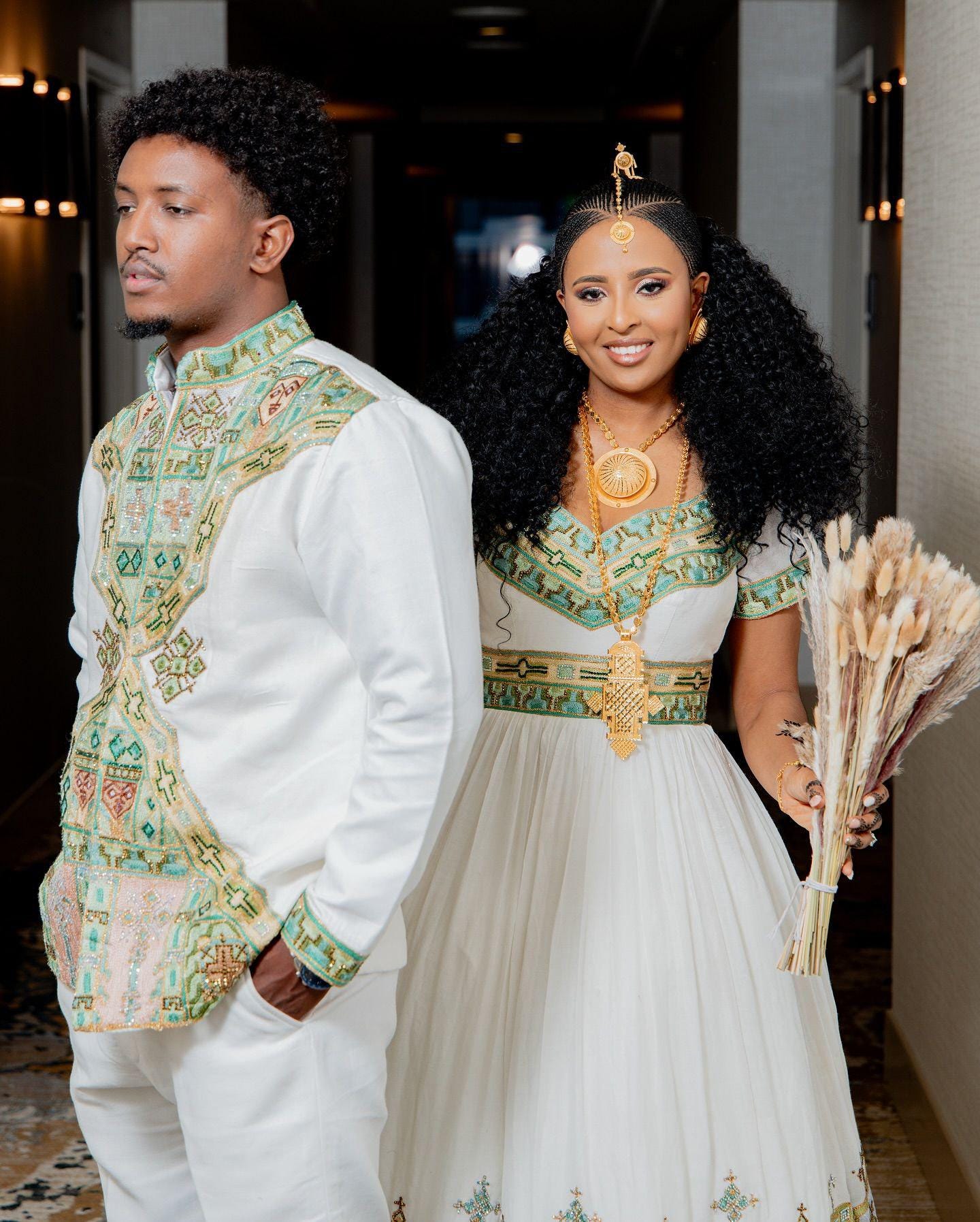 Traditional Couple Wedding Habesha Clothing, Green & Gold Tilet Eritrean and Ethiopian Wear, Custom Made Habesha Kemis