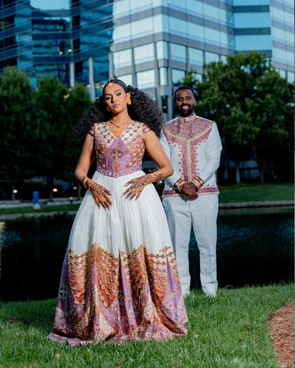 Couple Habesha Wedding Clothing, New purple  & Golden Tilet, Eritrean and Ethiopian Traditional Attire, Custom Made Habesha Fashion