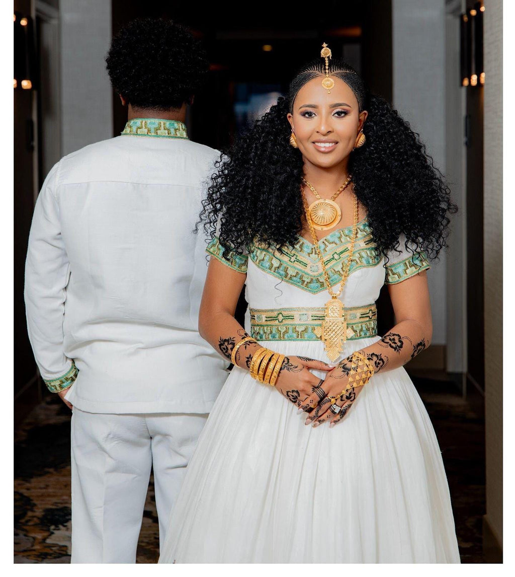 Traditional Couple Wedding Habesha Clothing Green & Gold