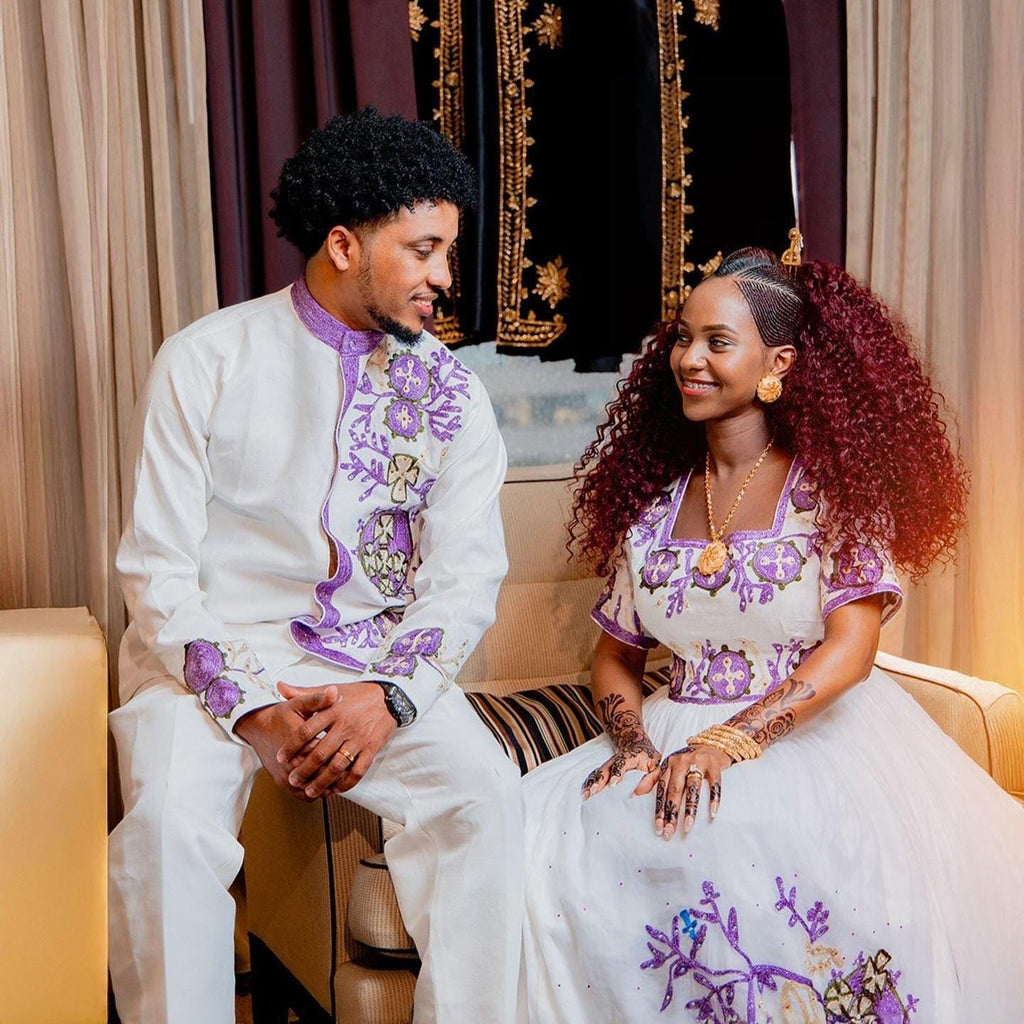 Couple Habesha clothing New purple & white Tilet Eritrean