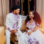 Couple Habesha clothing New purple & white Tilet Eritrean